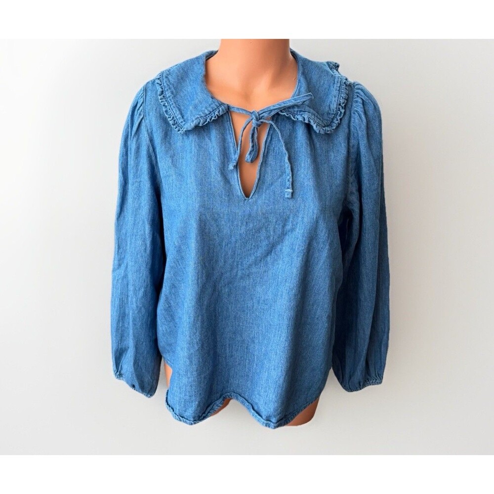 Old Navy Chambray Curved Collar Long Sleeve Top Size S Blue